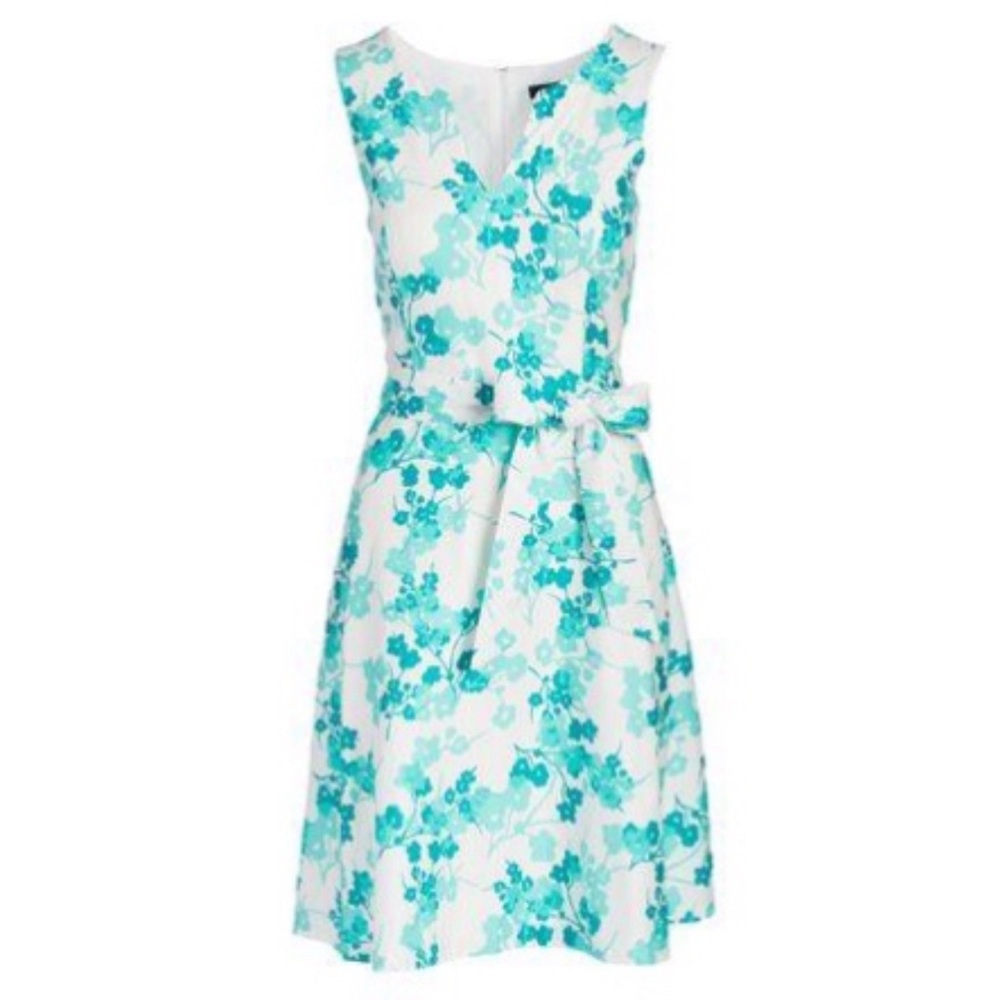 NINE WEST NWOT White/Teal Floral Sleeveless A-Line Dress 14